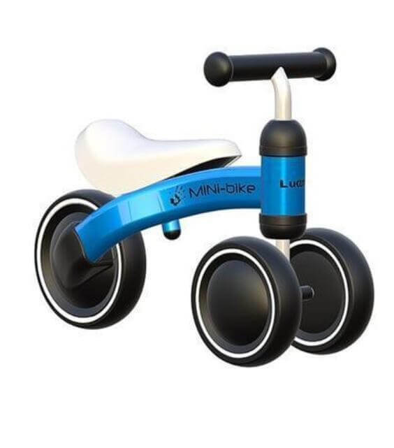 Blue and white children’s balance bike with comfortable EVA handle and non-slip wheels.