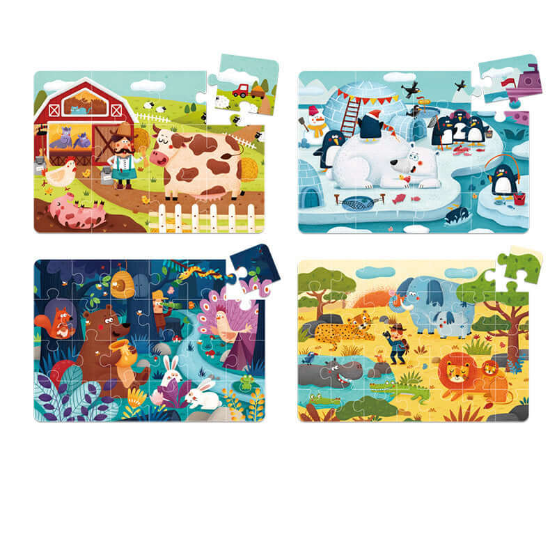 Four colorful animal-themed puzzles for children aged 3-6, featuring farm, polar, jungle, and safari scenes.