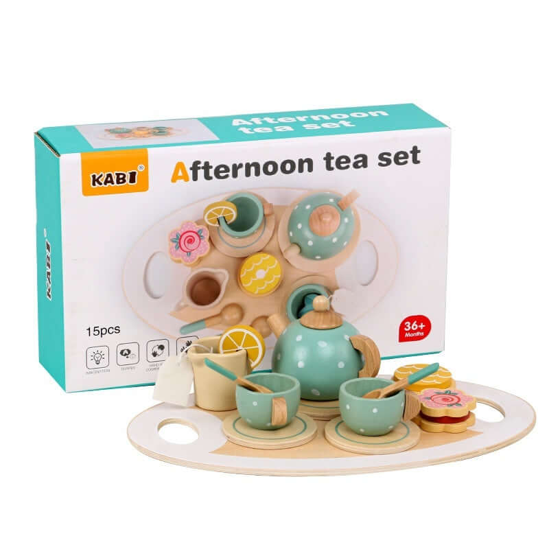 Wooden afternoon tea set for children with teapot, cups, and desserts in teal, ideal for playhouse and early education activities.