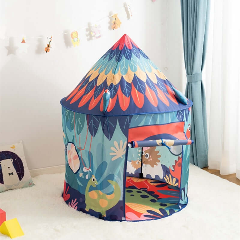 Colorful dinosaur-themed play tent for kids with vibrant illustrations, perfect for indoor and outdoor fun.