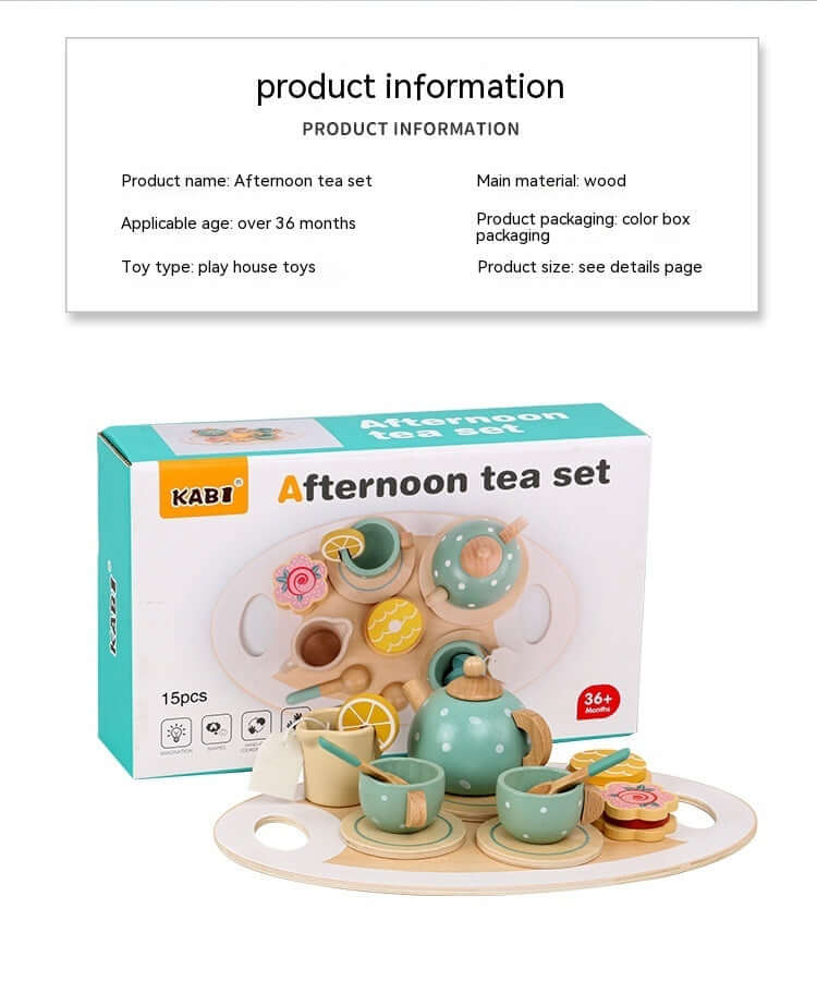 Wooden playhouse tea set for children, includes teapot, cups, and desserts; ideal for early education and sensory development.