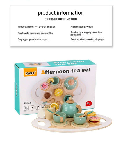 Wooden playhouse tea set for children, includes teapot, cups, and desserts; ideal for early education and sensory development.