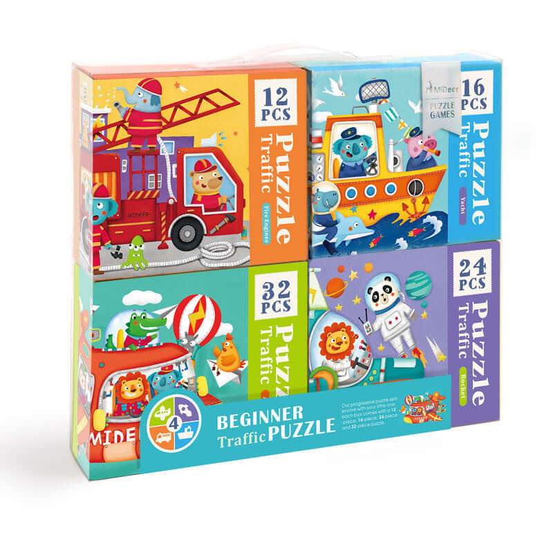 Beginner traffic puzzle set for kids with colorful vehicles and animal illustrations, featuring 12, 16, 24, and 32 piece puzzles.