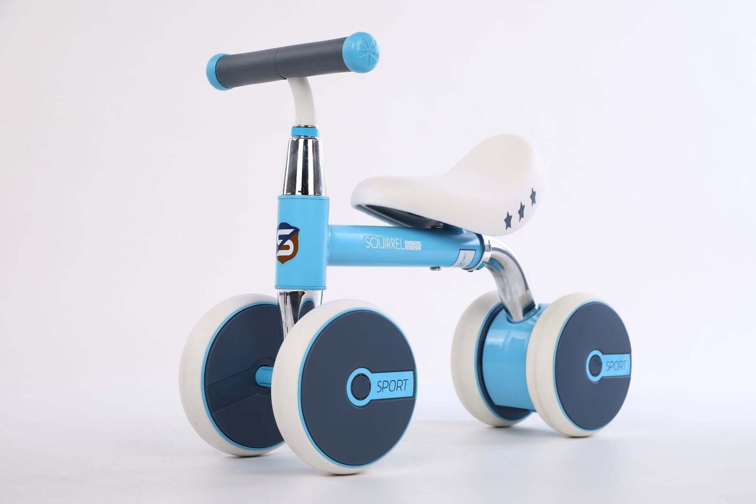 Blue Retrospec Cricket Baby Walker Balance Bike with four wheels and safety features for toddlers aged 14-36 months.