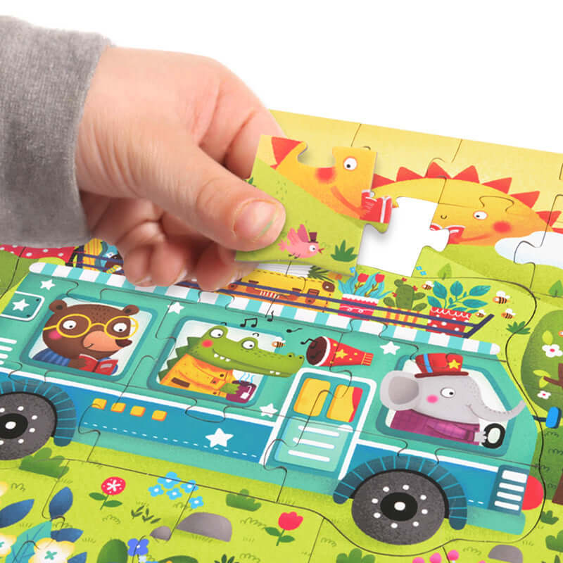 Child assembling colorful animal-themed puzzle piece in vibrant educational block puzzle game for children aged 3 to 6.