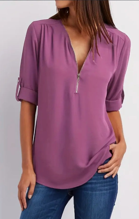 Ruched Half Zip Solid V Neck Casual Blouse, Rollable Sleeve Women&