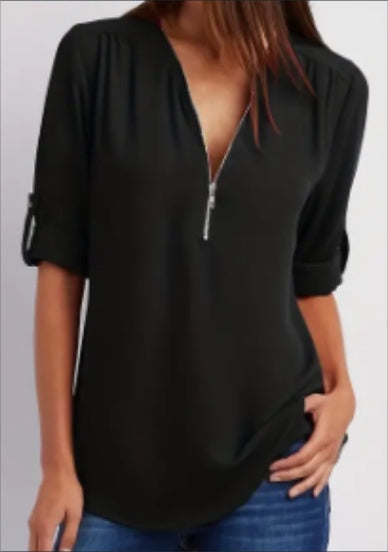 Ruched Half Zip Solid V Neck Casual Blouse, Rollable Sleeve Women&