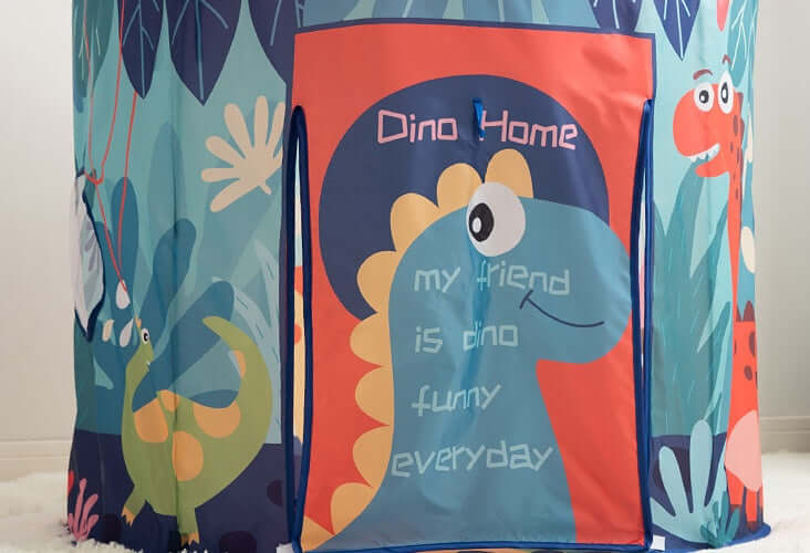 Colorful dinosaur-themed play tent with vibrant illustrations for children&