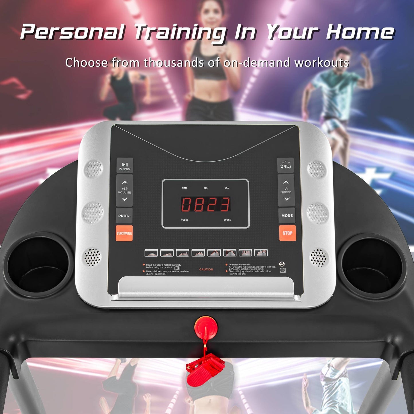 Compact 1.5HP folding treadmill with incline and pulse sensor.