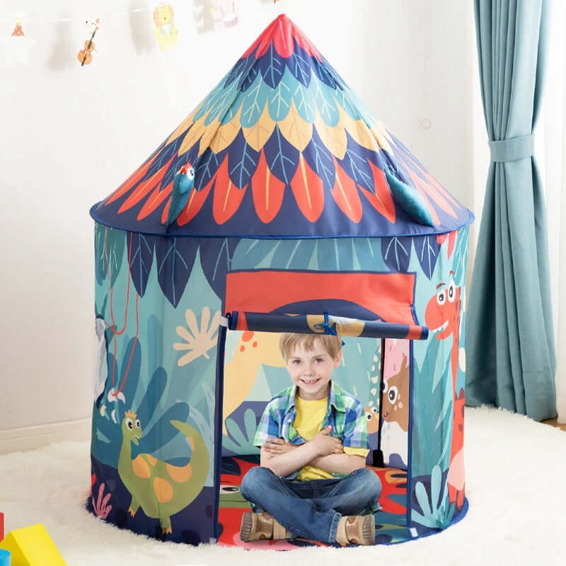 Child sitting inside a colorful dinosaur-themed tipi play tent, perfect for boys and girls, designed for indoor and outdoor fun.